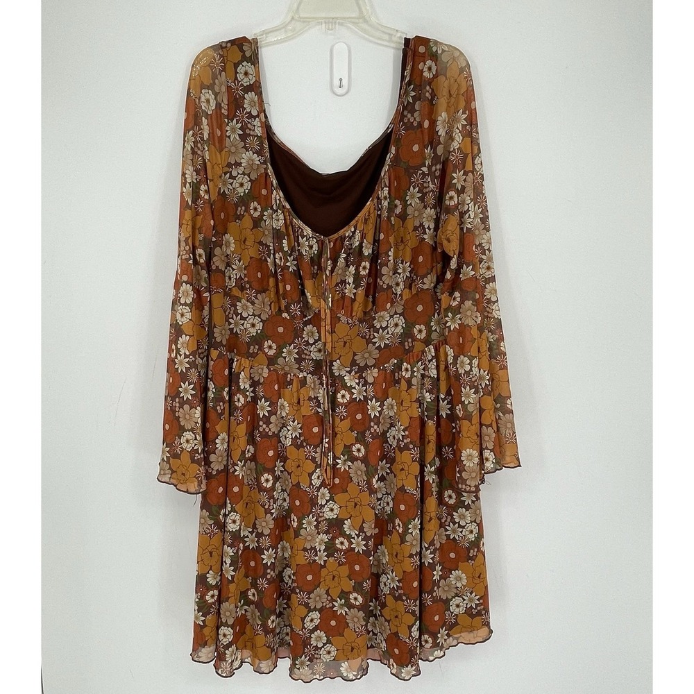 SHEIN Women's Brown Floral Mesh Long Sleeve Babydoll Mini Dress Size Large